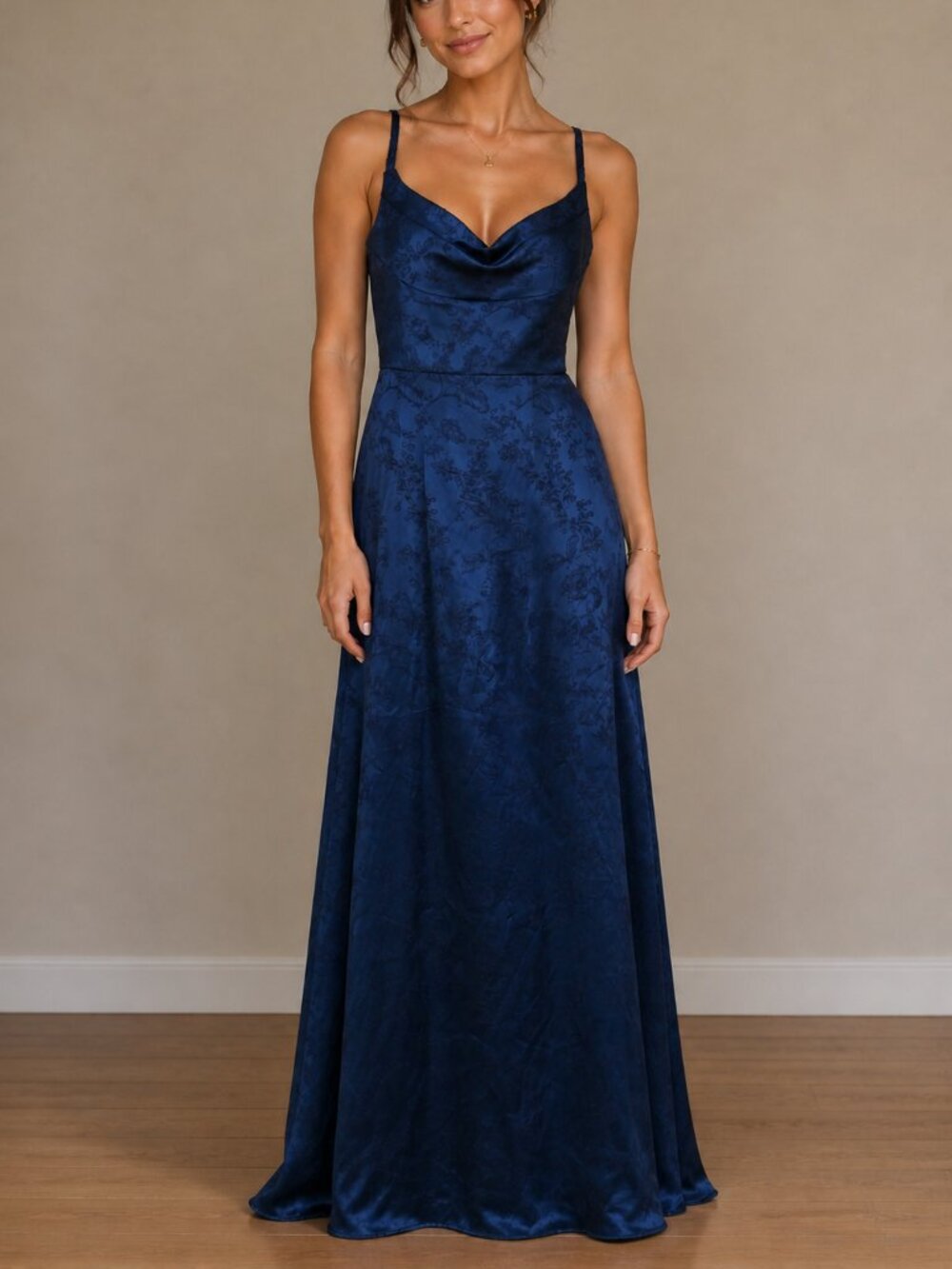 Azazie Atelier Floral Dark Navy Satin Formal Maxi Dress Size 0